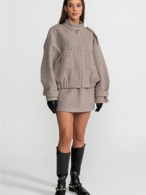 Maddy Paris Structured Wool Bomber Jacket and Mini Skirt Co-Ord Set – Taupe